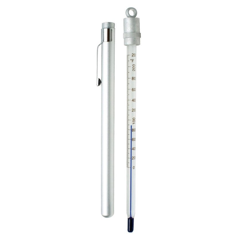 Liquid-in-glass thermometer with metal case