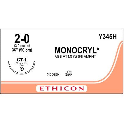 Monocryl suture 2/0 with 1/2 circle needle (90 cm)