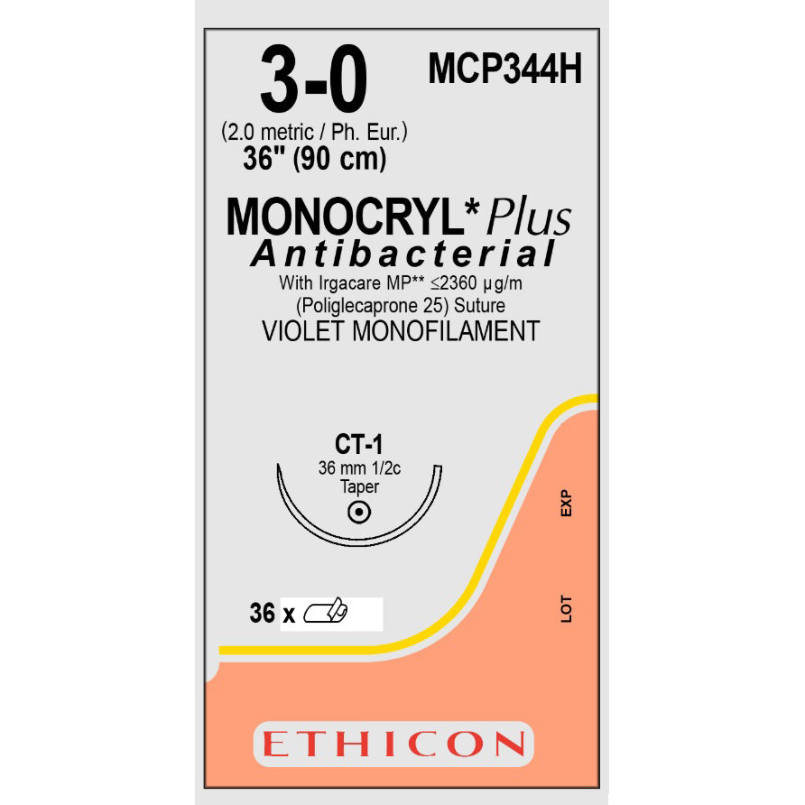 Monocryl Plus suture dyed 3/0 with 1/2 circle needle (90 cm)